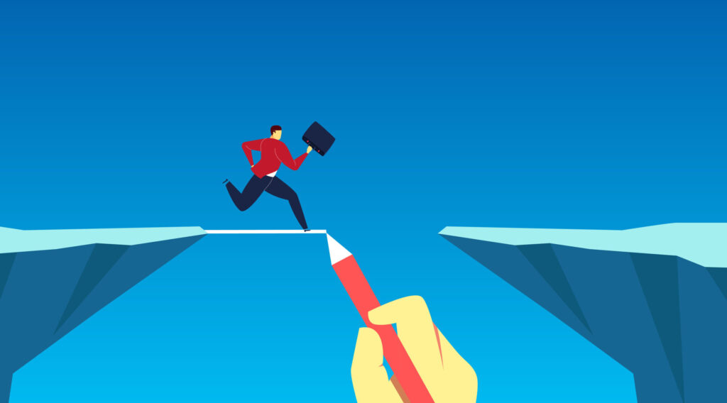 animated male with a briefcase running on a pen-drawn line across a gap