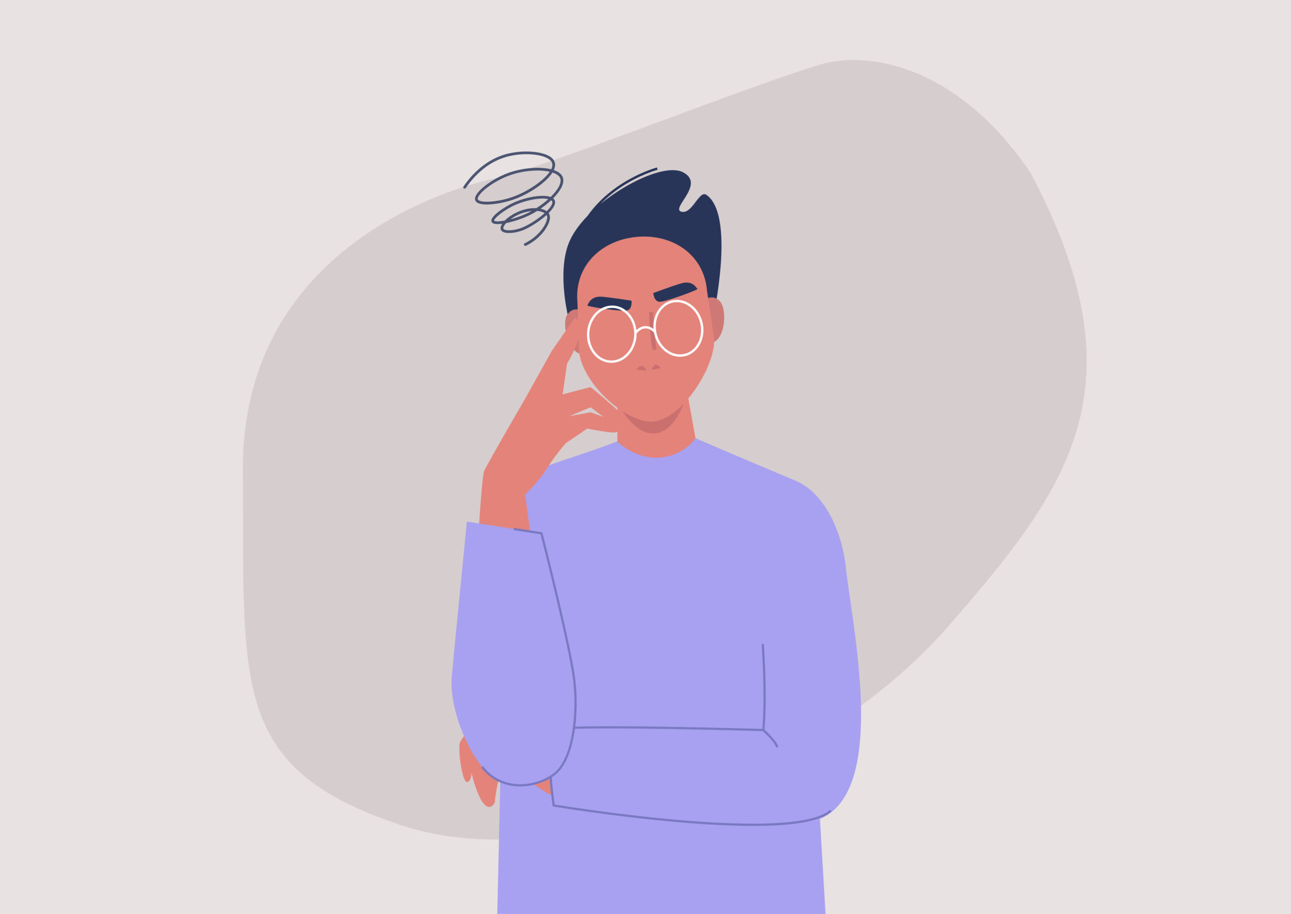 male holding hand to head, thinking