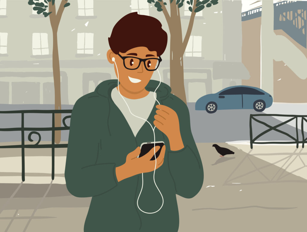 animated male listening to his phone on wired earphones in the middle of the sidewalk