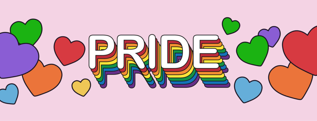 pride word with rainbow-colored hearts around