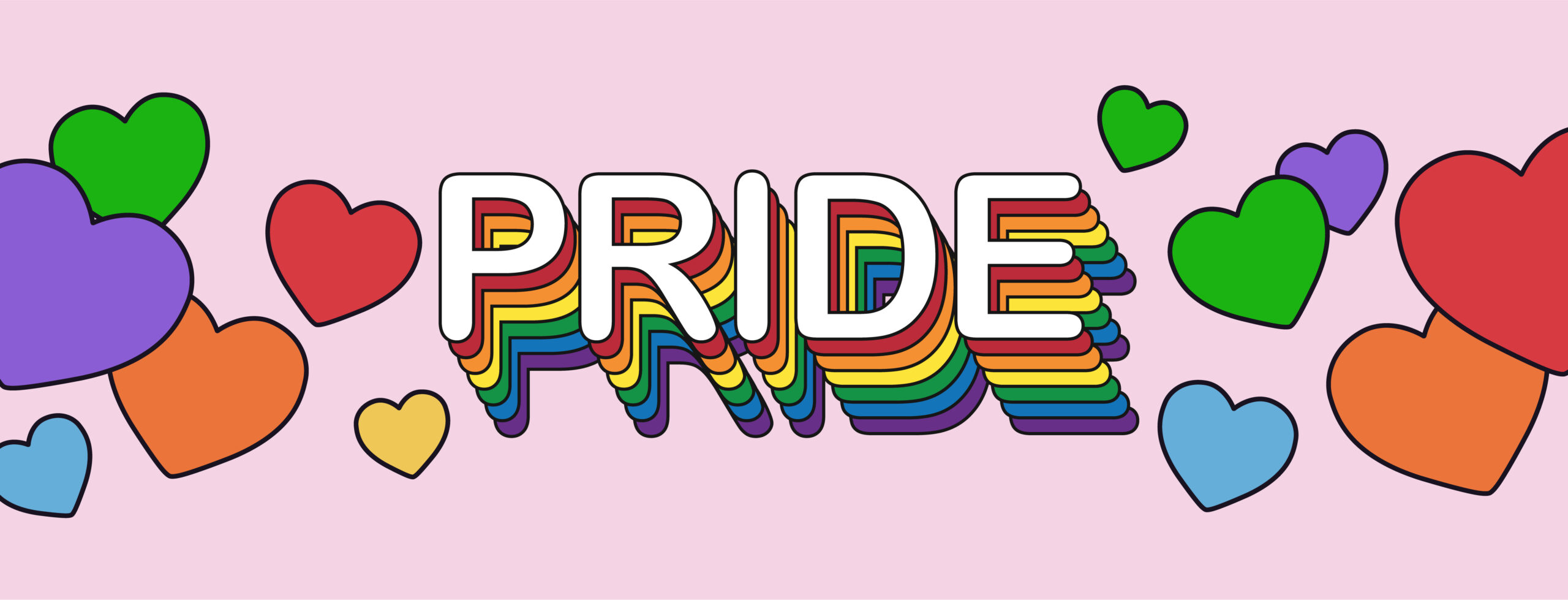 pride word with rainbow-colored hearts around