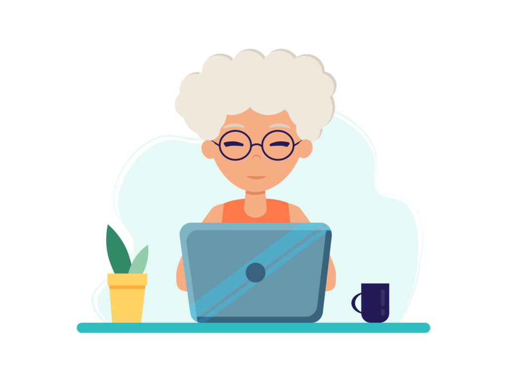 animated senior worker in front of of a laptop